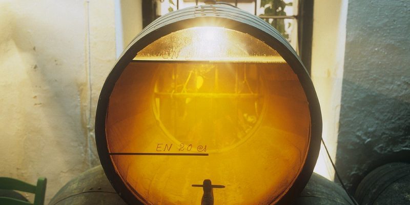 Barrica en una bodega de la D.O. Jerez con la tapa de cristal para que los visitantes puedan ver el desarrollo del velo de flor. Velo de flor