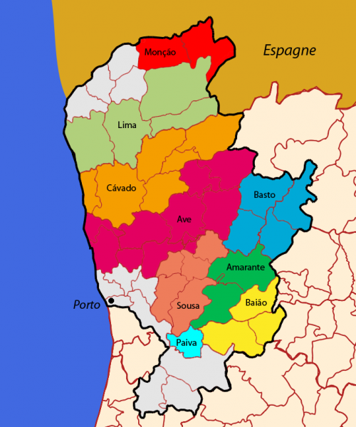 Subregiones de la DO Vinho Verde en Portugal. Imagen de (Fuente Wikimedia Commons) Subregiones de la DO Vinho Verde